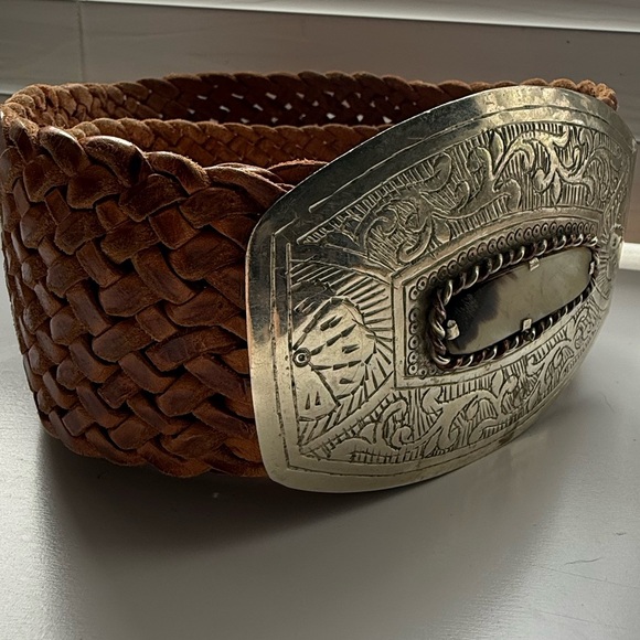 Vintage Braided Leather Belt Silver Tiger Eye Buckle - Picture 2 of 7